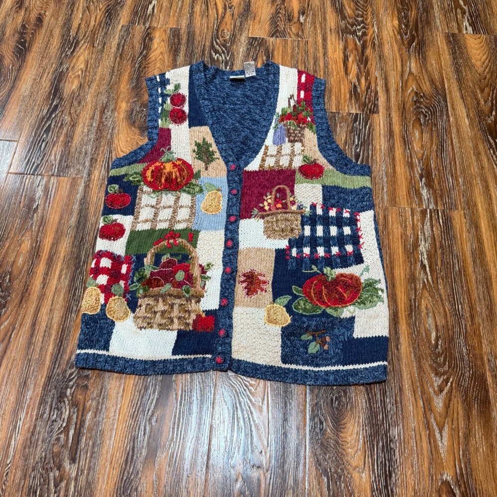 Carolina Colours 20W Sweater Vest Womens Blue Harvest Pumpkin Embroidered Knit